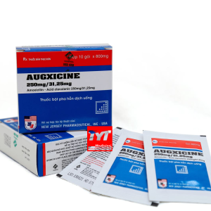 Augxicine 250/31,25 Gói bột pha (Amoxicilin 250mg+Clavulanic acid 31,25mg) Hộp 10 gói bột pha x 800mg