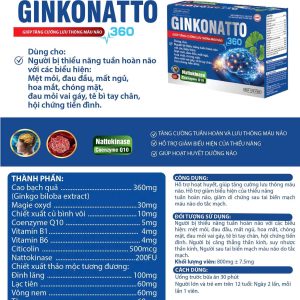 Bổ não Ginkgo Natto 360 Q10-Hộp 100 viên hoạt huyết tăng cường lưu thông máu Hỗ trợ giảm đau đầu hoa mắt chóng mặt suy giảm trí nhớ tê bì chân tay-với Ginkgo Biloba Extract 360mg